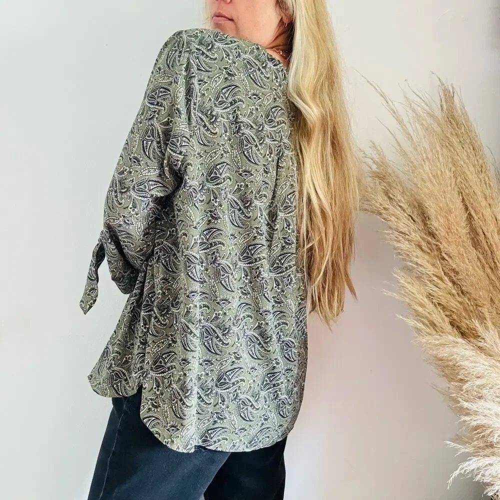 MICHAEL KORS Sage Green White Pasiley Tie Sleeve Tunic $120 Blouse Top Shirt 2X